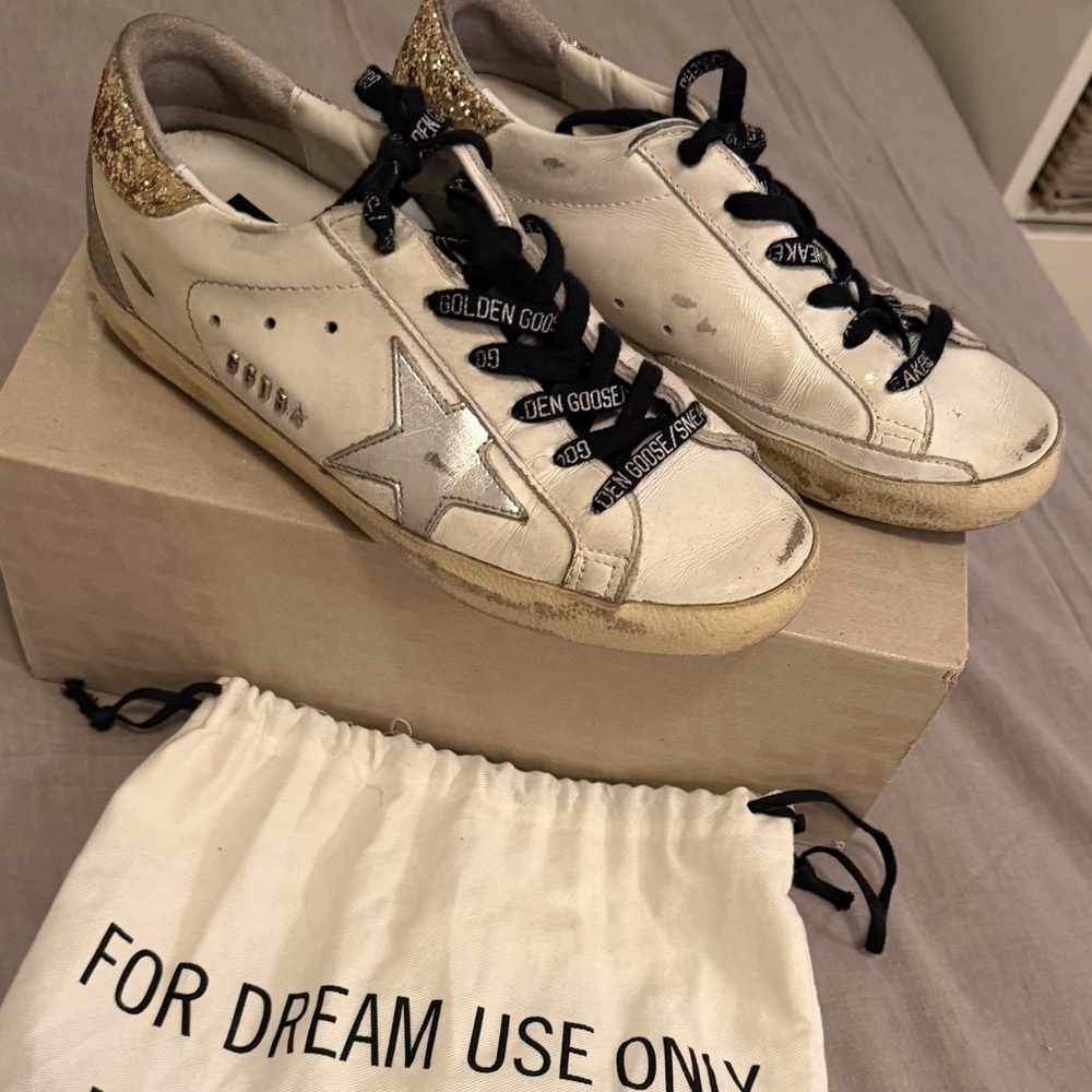 Golden Goose White Leather Super Star with Glittery heel tab